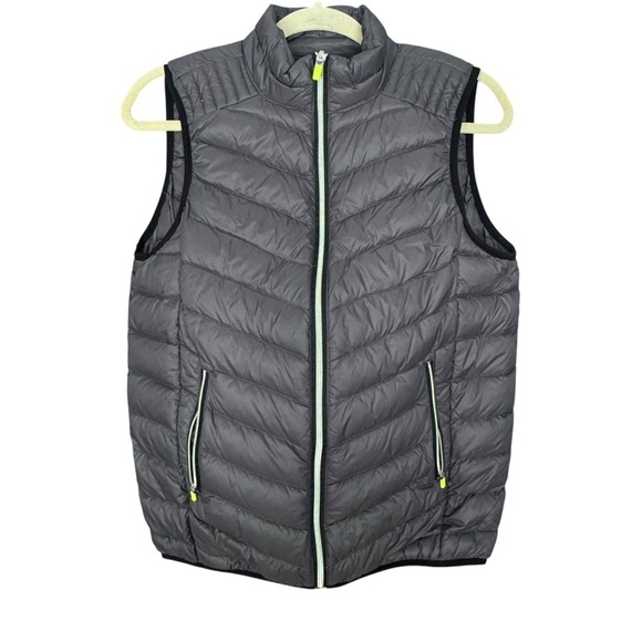 Fabletics Quilted Puffer Vest Womens L Gray Full Zip Neon Green Accents … - Picture 1 of 8